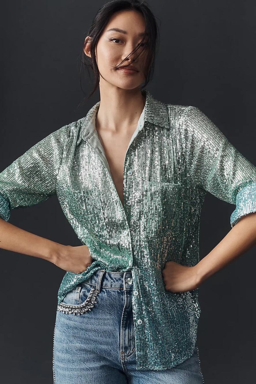 By Anthropologie Ombre Sequin Button Down Shirt Blue Size Small